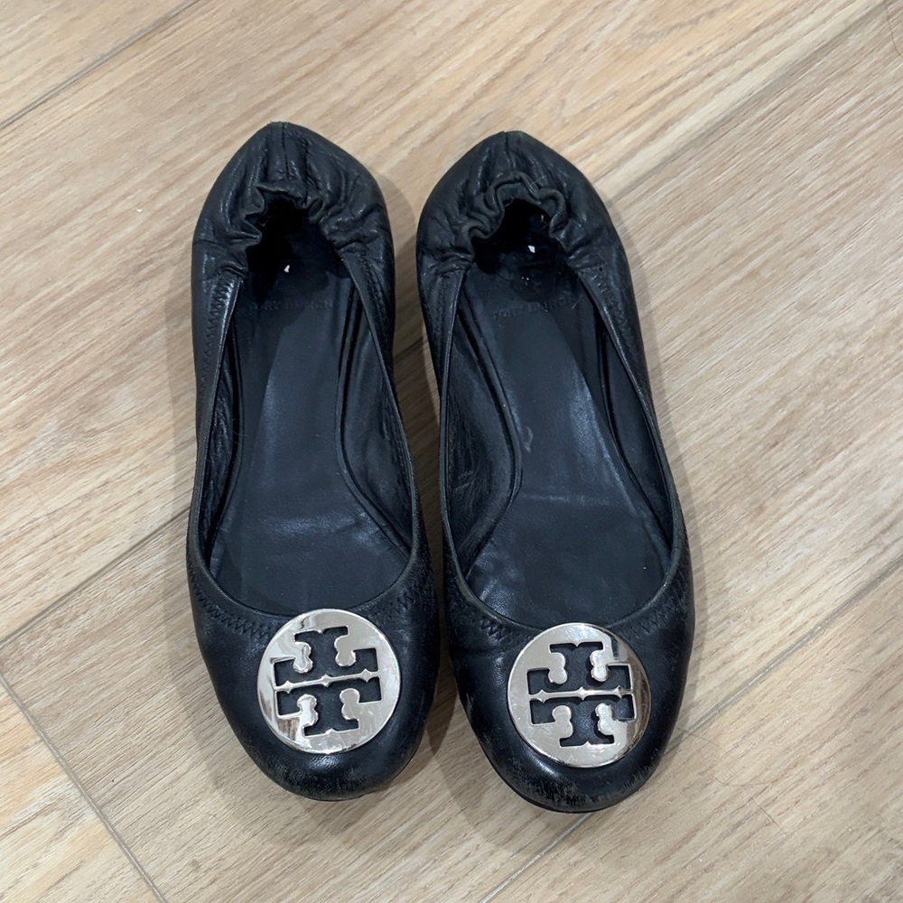 Tory Burch Black Leather Logo Ballet Flats with Silver Medallions